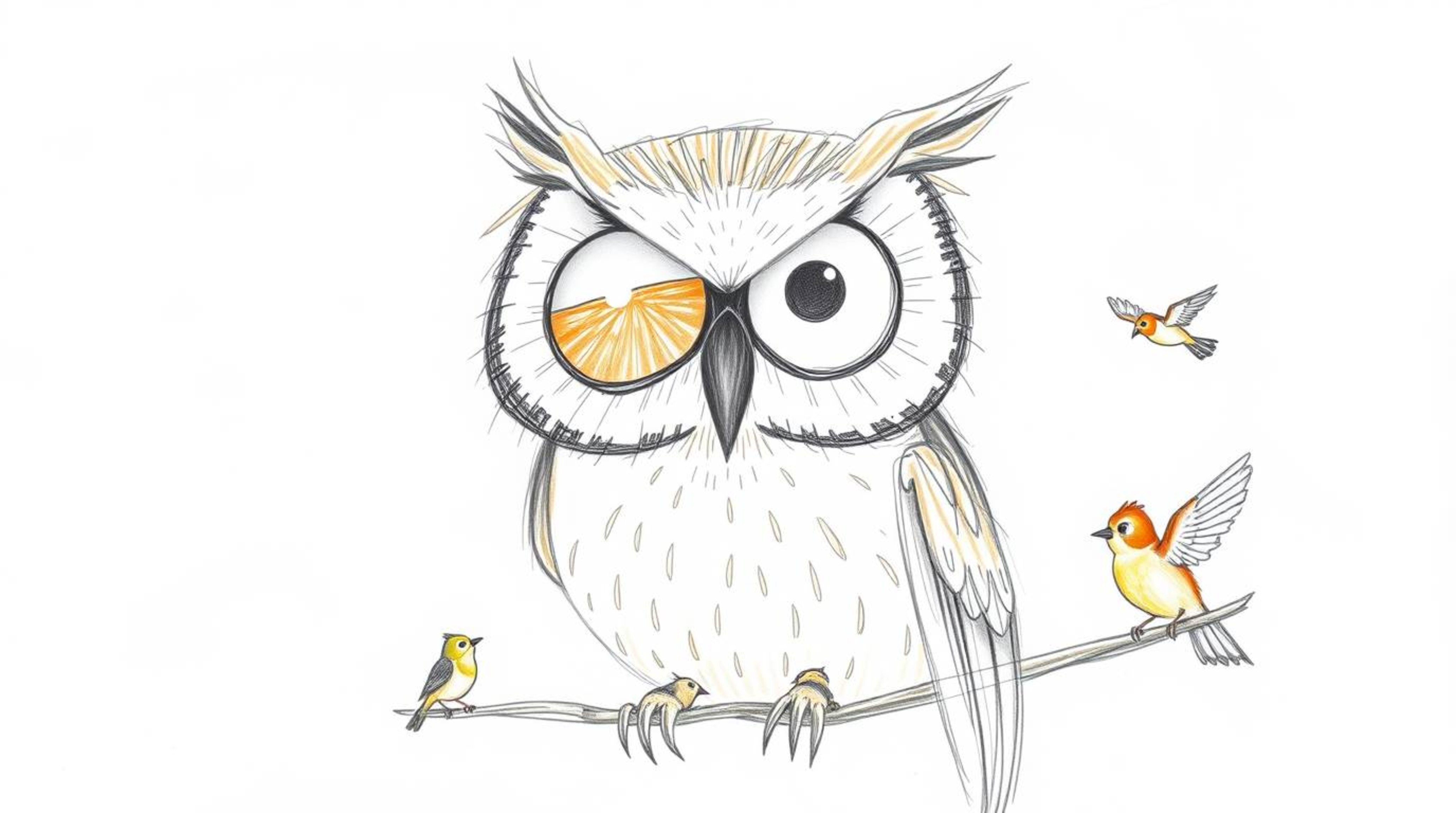 A heartwarming hand-drawn sketch in the Pixar style depicts a blind owl with large, expressive eyes leading a flight lesson f