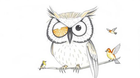A heartwarming hand-drawn sketch in the Pixar style depicts a blind owl with large, expressive eyes leading a flight lesson f