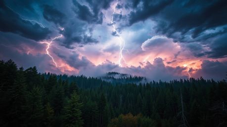 Experience a high-tension chase through a looping forest background under intense dramatic weather conditions. The scene expl