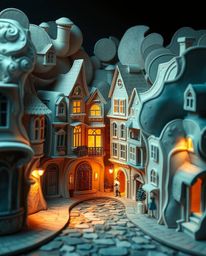 Explore a surreal street scene brought to life with layered papier-mâché, where buildings fold and twist in a mystic, enchant