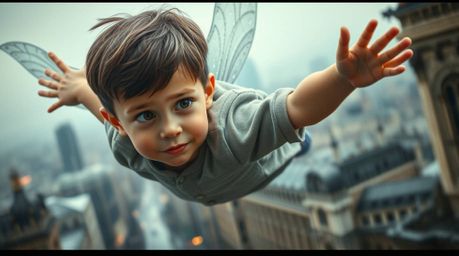 A captivating image of a young boy with delicate features soaring amidst shimmering pixie dust above a rain-kissed London cit