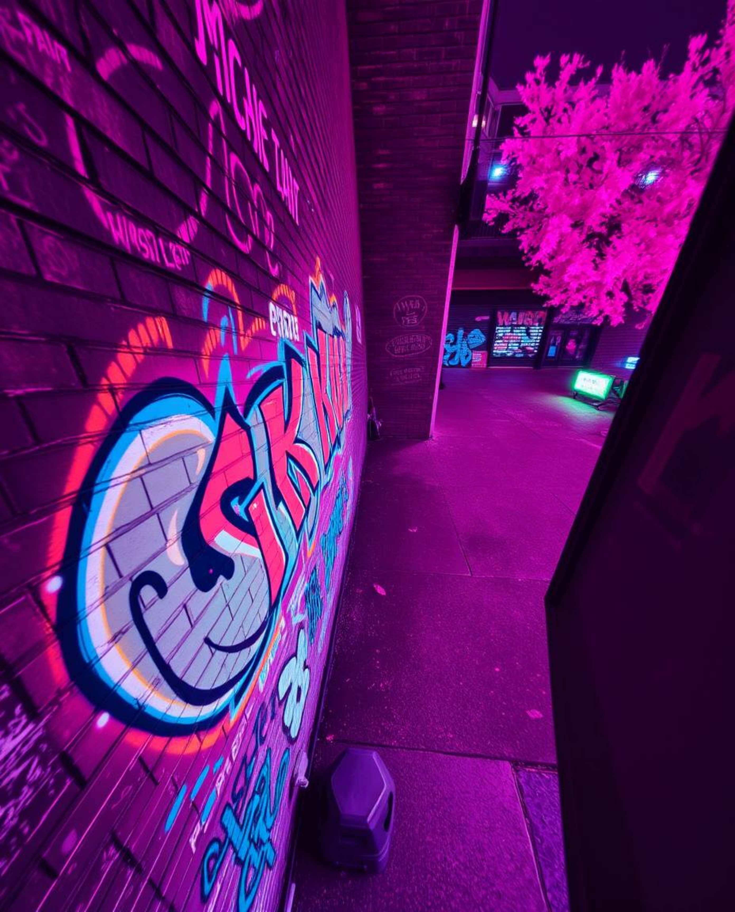 This image captures a high-angle view of a brick wall adorned with vibrant, colorful infrared graffiti, showcasing a captivat