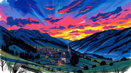 This artwork depicts a hand-drawn sketch of a cozy village nestled in a valley, bathed in intense dramatic lighting under a c