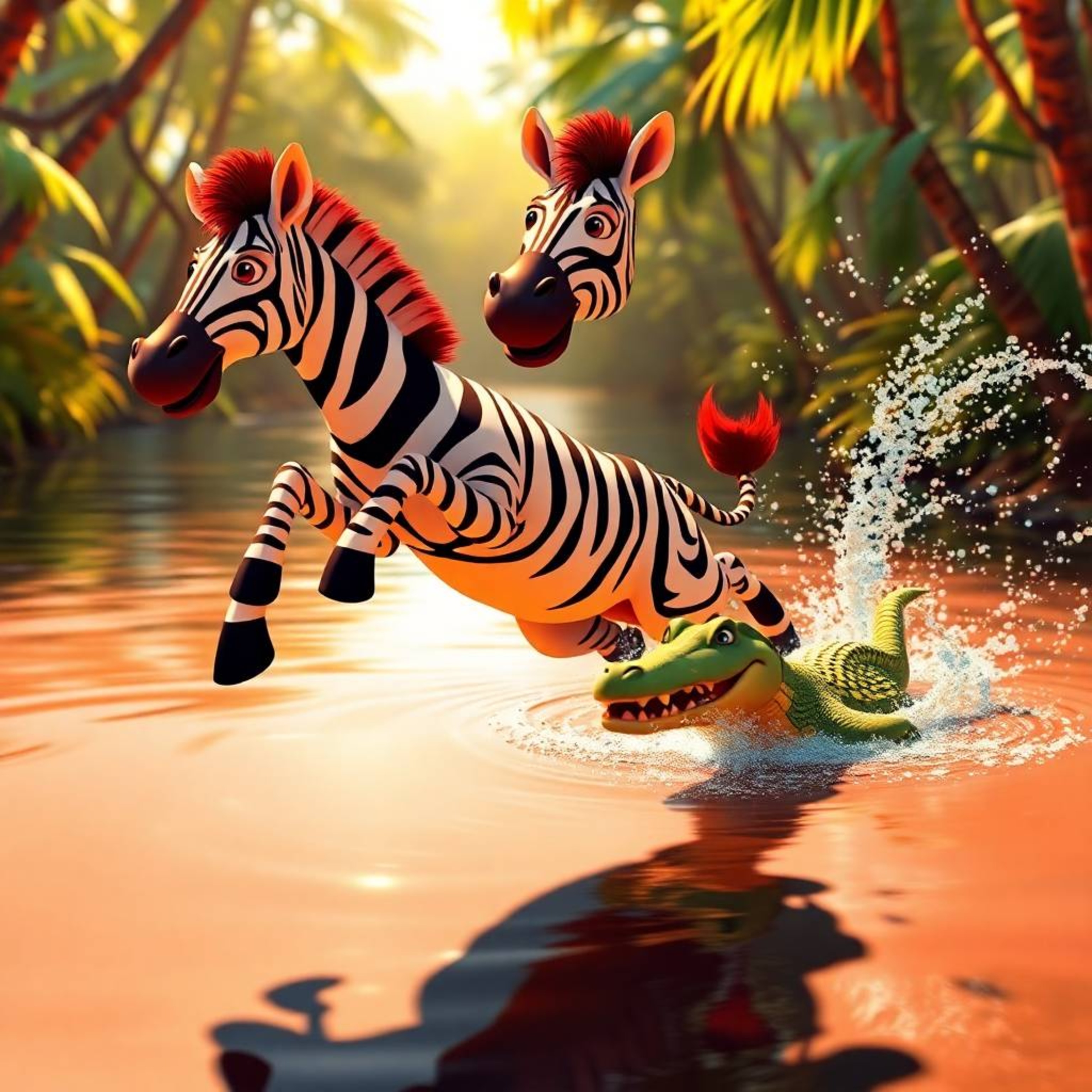 A vibrant 3D cartoon scene unfolds as a zebra leaps from a lush jungle riverbank, with a crocodile playfully splashing in its