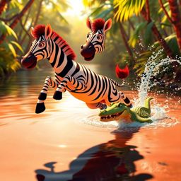 A vibrant 3D cartoon scene unfolds as a zebra leaps from a lush jungle riverbank, with a crocodile playfully splashing in its