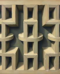 A captivating oil painting showcasing a repetitive cube pattern in Escher-style impossible geometry, rendered with rich textu