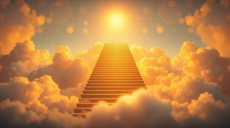 A golden staircase ascends through clouds to a glowing heaven, bathed in a warm golden glow, creating an ethereal and divine 