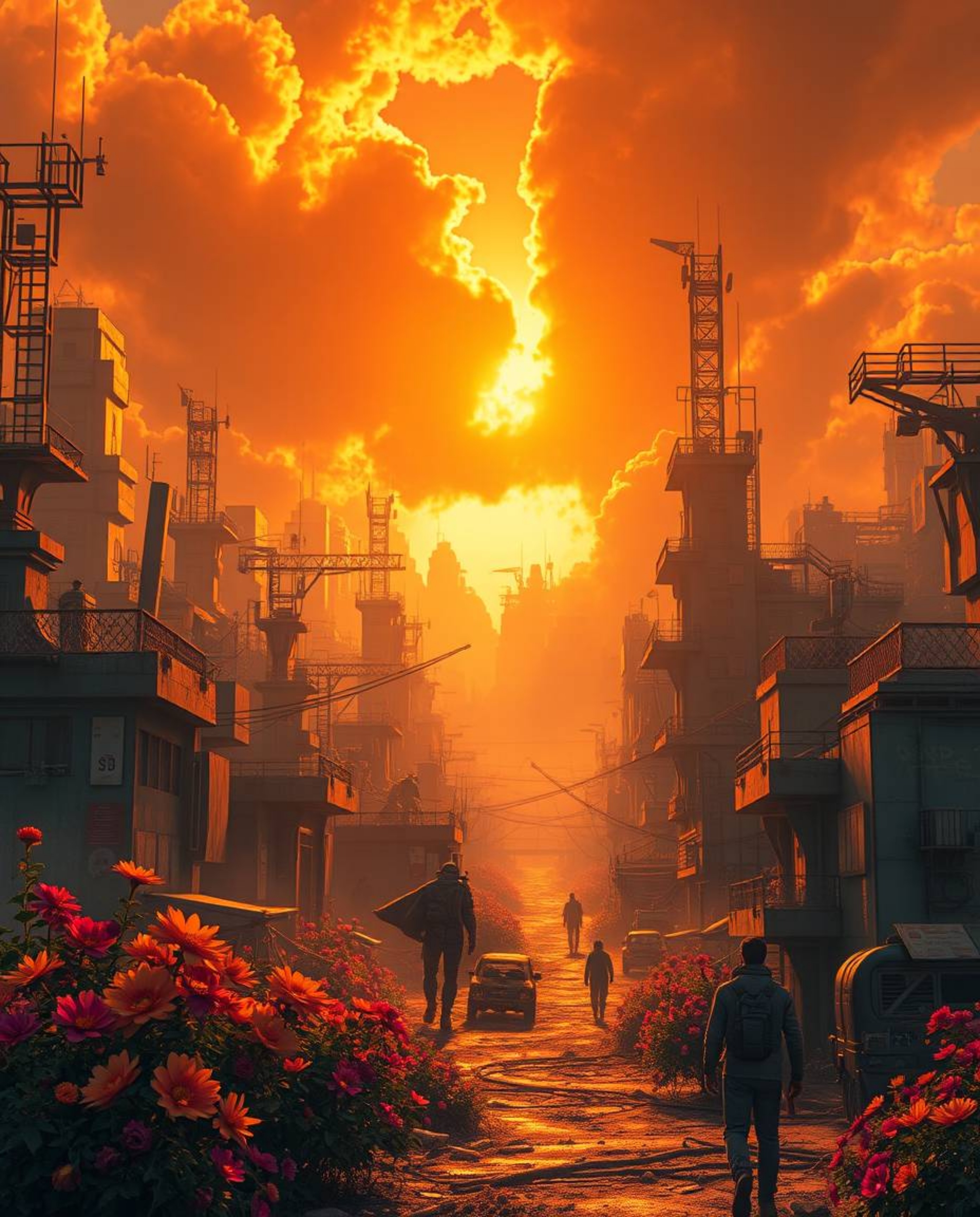 A captivating image depicting a post-apocalyptic city bathed in warm golden light, where vibrant flowers bloom amidst the rui