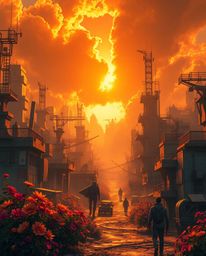 A captivating image depicting a post-apocalyptic city bathed in warm golden light, where vibrant flowers bloom amidst the rui