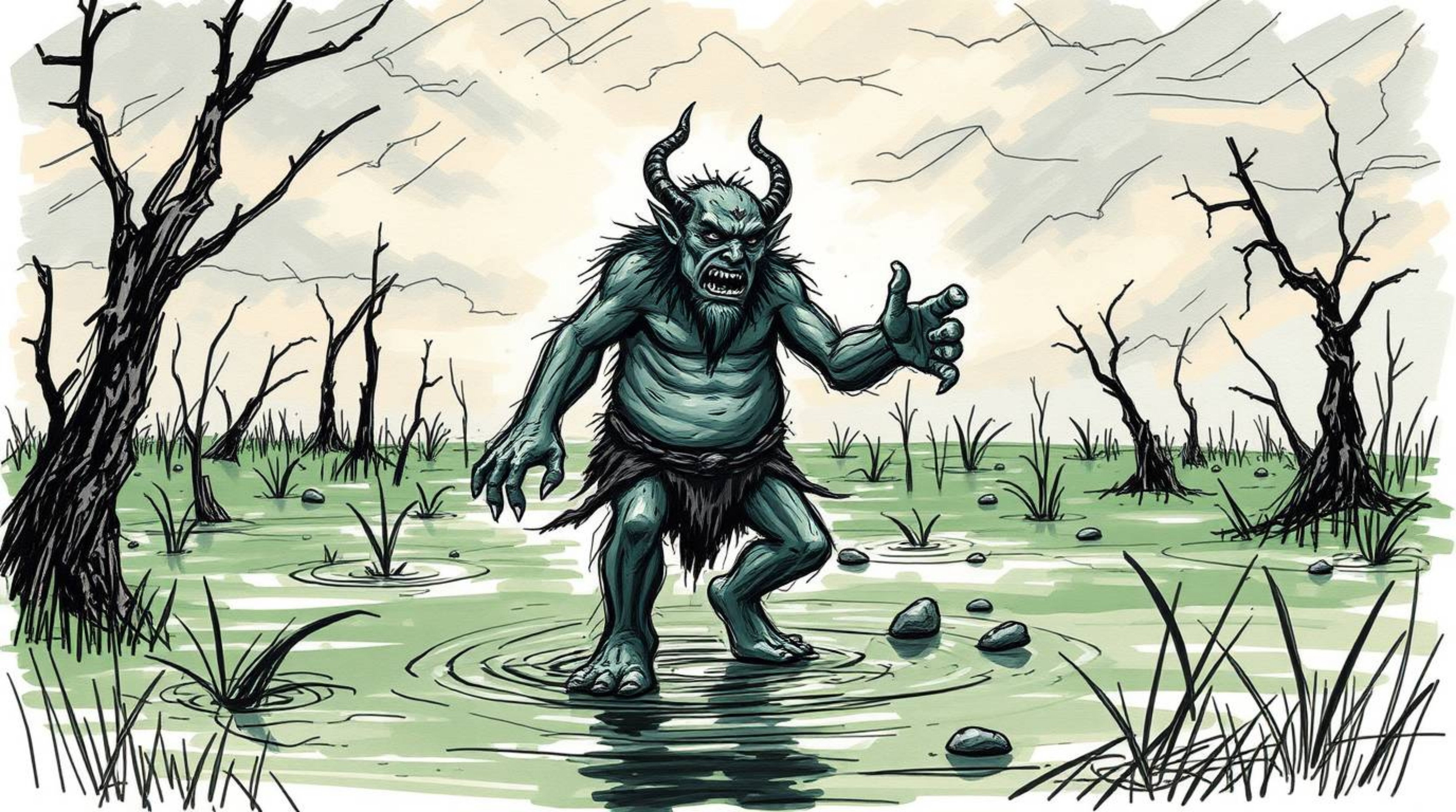 A captivating hand-drawn sketch depicting an ogre joyfully dancing in a swamp, rendered in a vibrant color sketchnote style. 