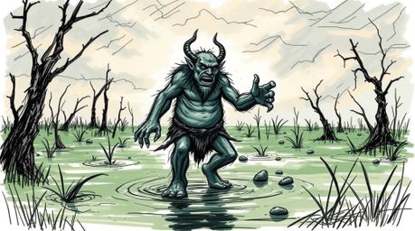 A captivating hand-drawn sketch depicting an ogre joyfully dancing in a swamp, rendered in a vibrant color sketchnote style. 
