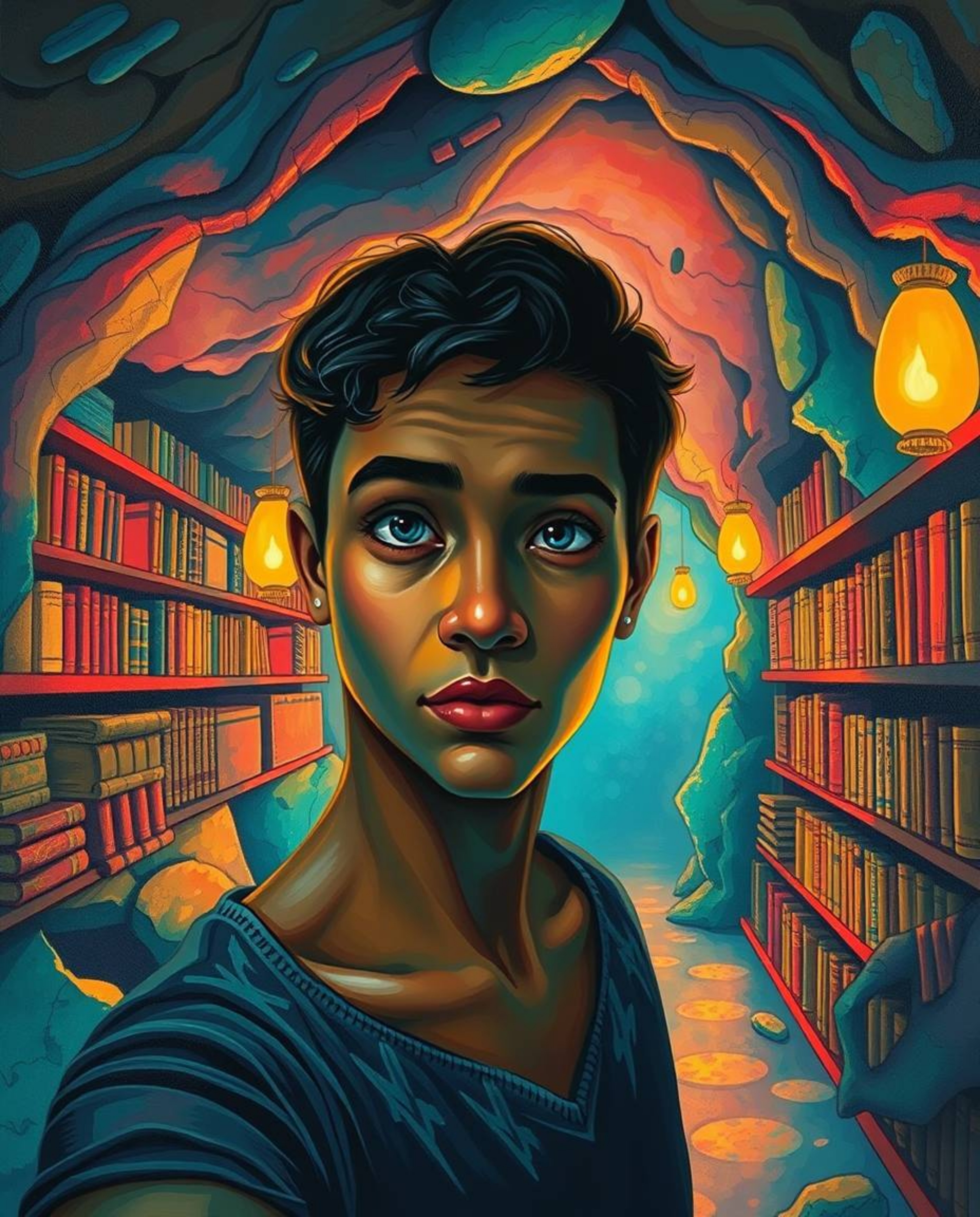 An olive-skinned individual with a curious expression stumbles upon a hidden underground library, an ethereal space bathed in
