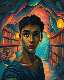 An olive-skinned individual with a curious expression stumbles upon a hidden underground library, an ethereal space bathed in