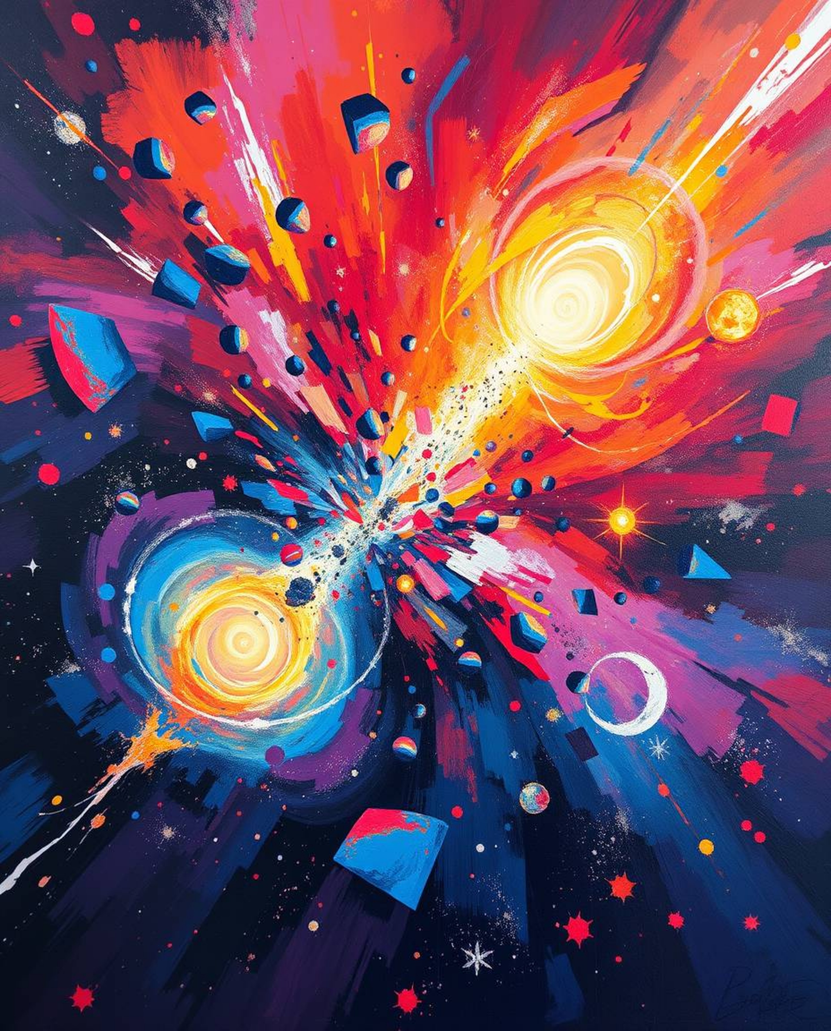 A bold acrylic painting depicts a spectacular collision of galaxies, resulting in a cosmic explosion of vibrant colors.  The 