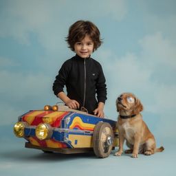 Exquisite high-fashion photography captures a boy with messy brown hair and bright eyes, proudly standing beside his intricat