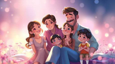 Experience a heartwarming family reunion depicted in a vibrant Pixar-style illustration, bathed in iridescent colors. This ar