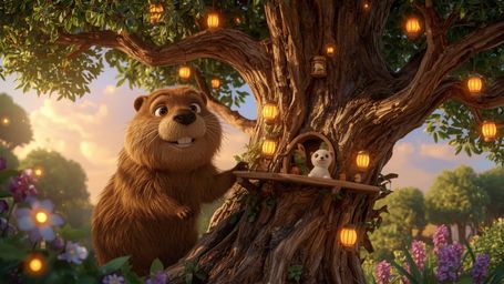 A highly detailed, high-resolution stock photo, reminiscent of Pixar's signature style, captures a cheerful beaver with shiny