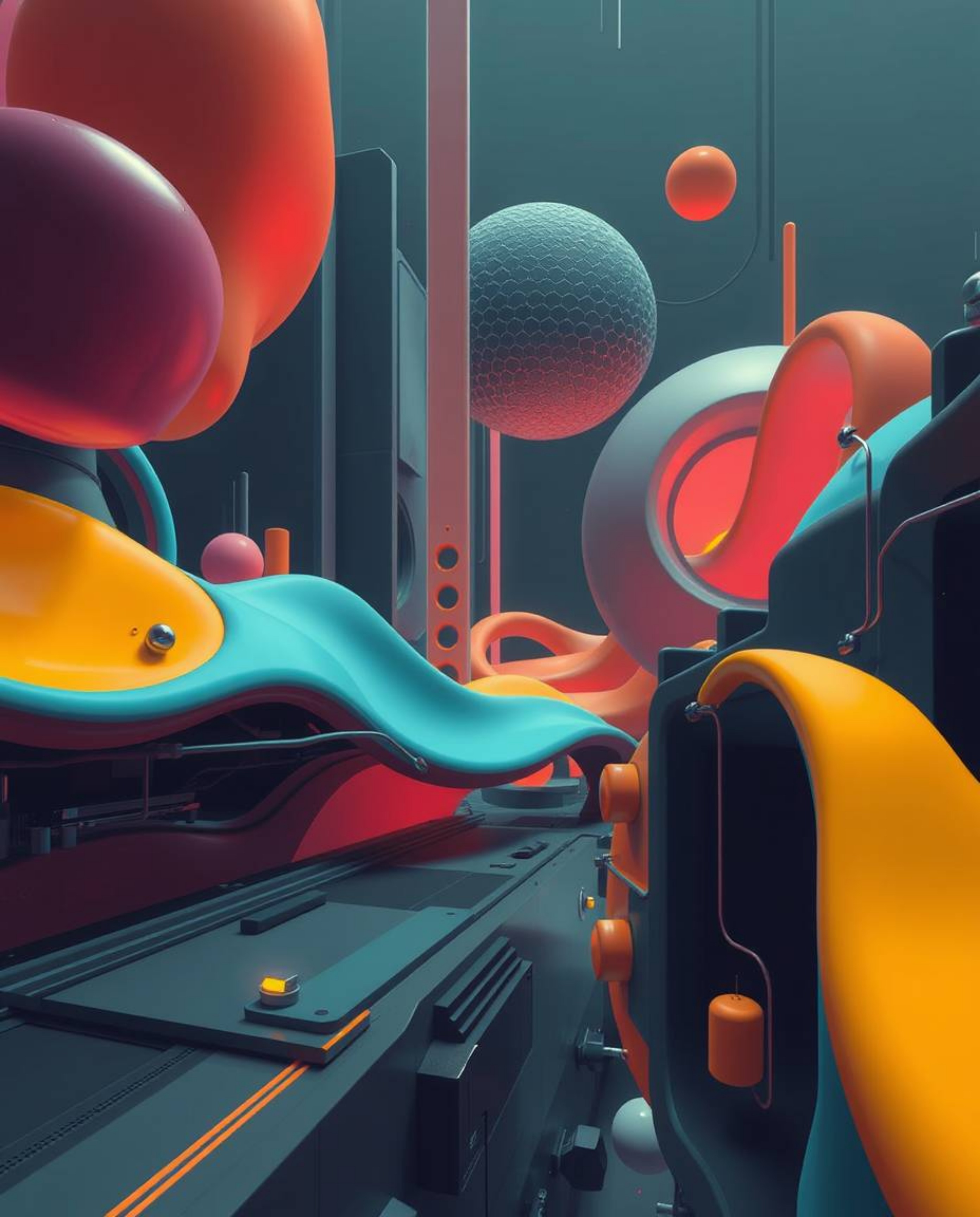 Explore a futuristic sci-fi scene rendered in a strong, moody style. Colorful 3D fluid shapes dance with geometric forms in a