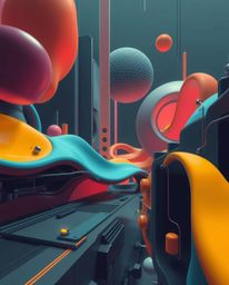Explore a futuristic sci-fi scene rendered in a strong, moody style. Colorful 3D fluid shapes dance with geometric forms in a