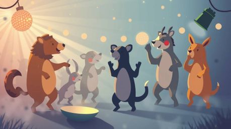 A modern flat design illustration showcasing a lively animal dance party, complete with vibrant disco lights and mesmerizing 