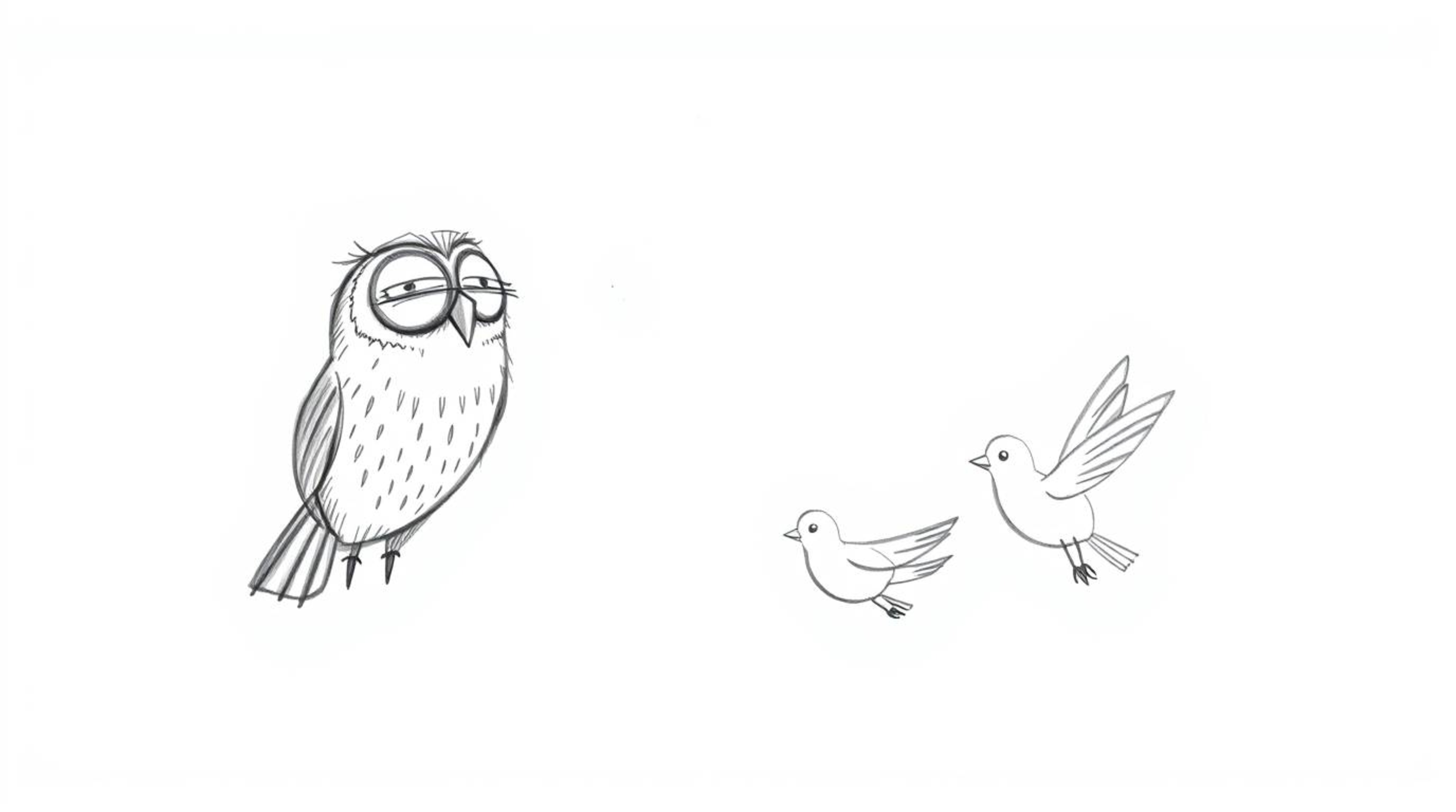 A charming hand-drawn sketch depicts a wise, blind owl, rendered in a simplistic yet detailed Pixar style, imparting flight l