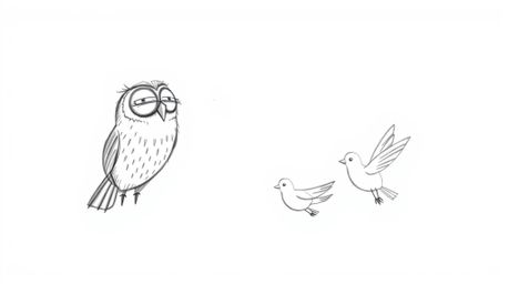 A charming hand-drawn sketch depicts a wise, blind owl, rendered in a simplistic yet detailed Pixar style, imparting flight l