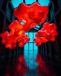 This architectural photograph captures a mesmerizing scene of floating 3D blobs of fluid jelly with vibrant colors and synthe