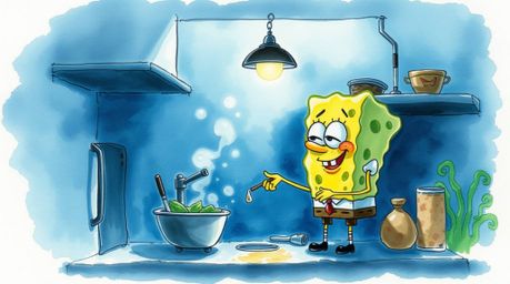 A captivating watercolor painting featuring a sponge character diligently cooking in an underwater kitchen. The artwork emplo