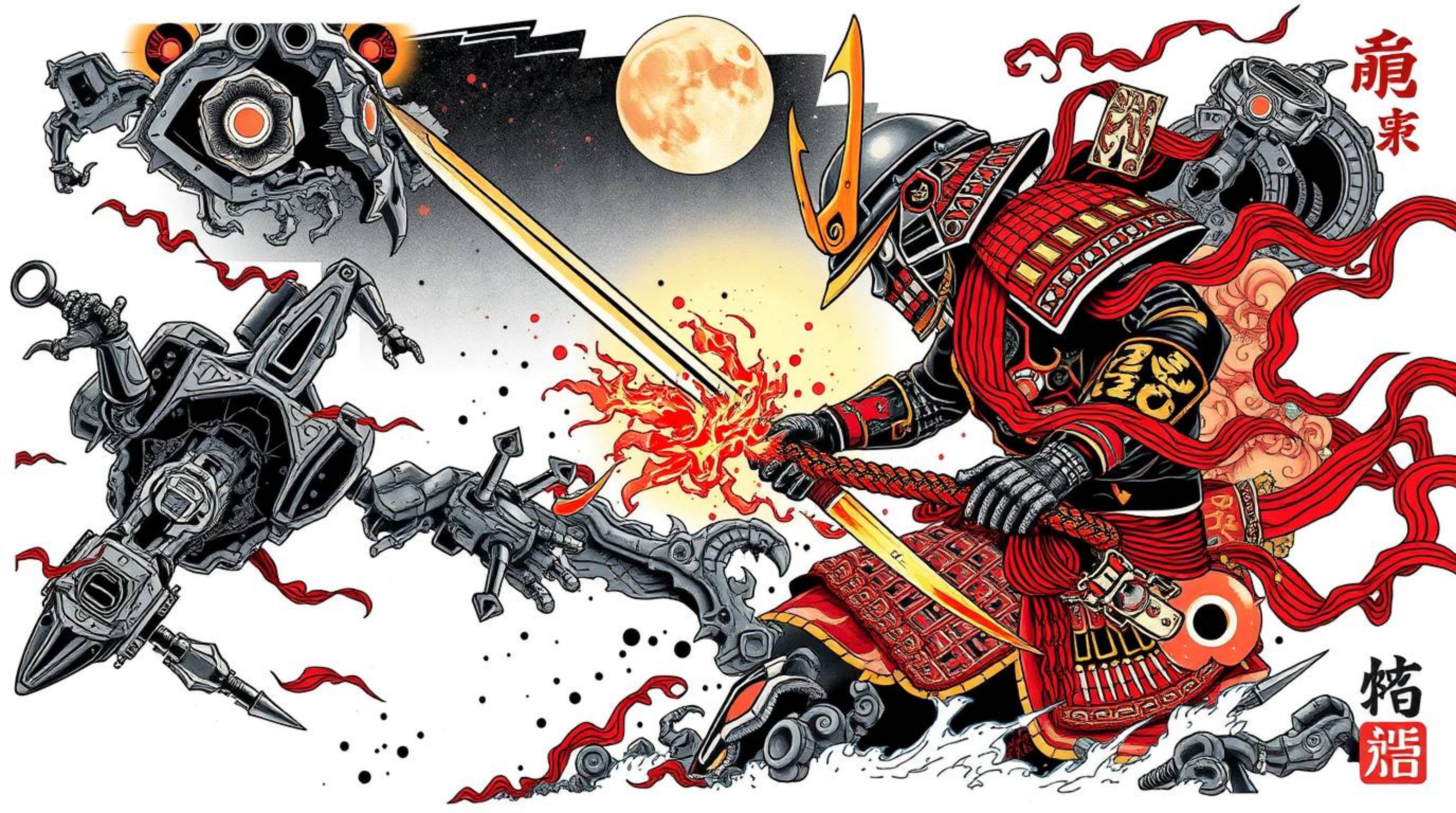 This vibrant traditional Japanese tattoo style print depicts a thrilling scene of a samurai battling a robot in a dystopian w