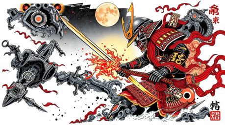This vibrant traditional Japanese tattoo style print depicts a thrilling scene of a samurai battling a robot in a dystopian w