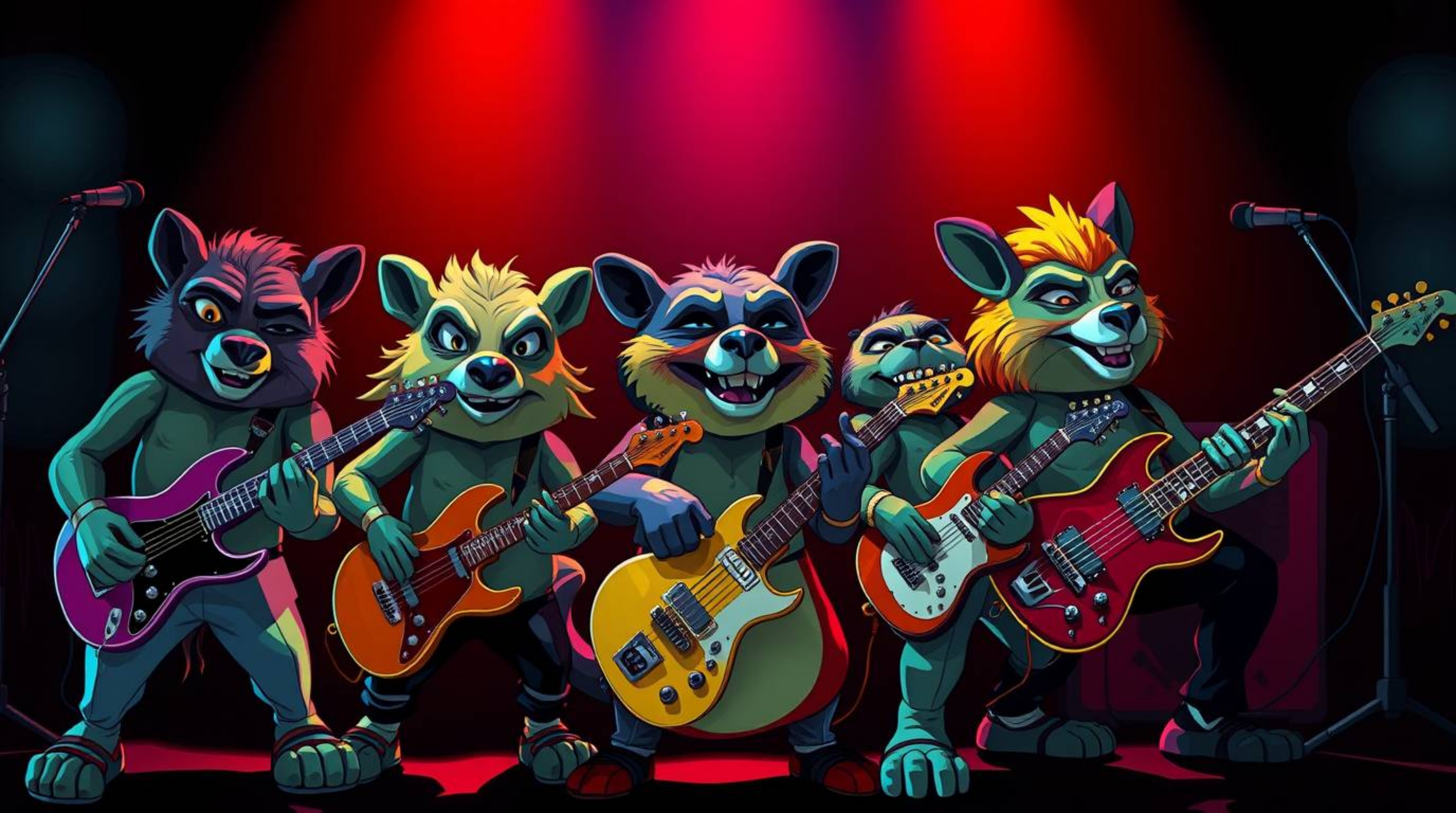 A dynamic illustration of a cartoon animal rock band, rendered in vivid electric colors and dramatic chiaroscuro lighting.  T