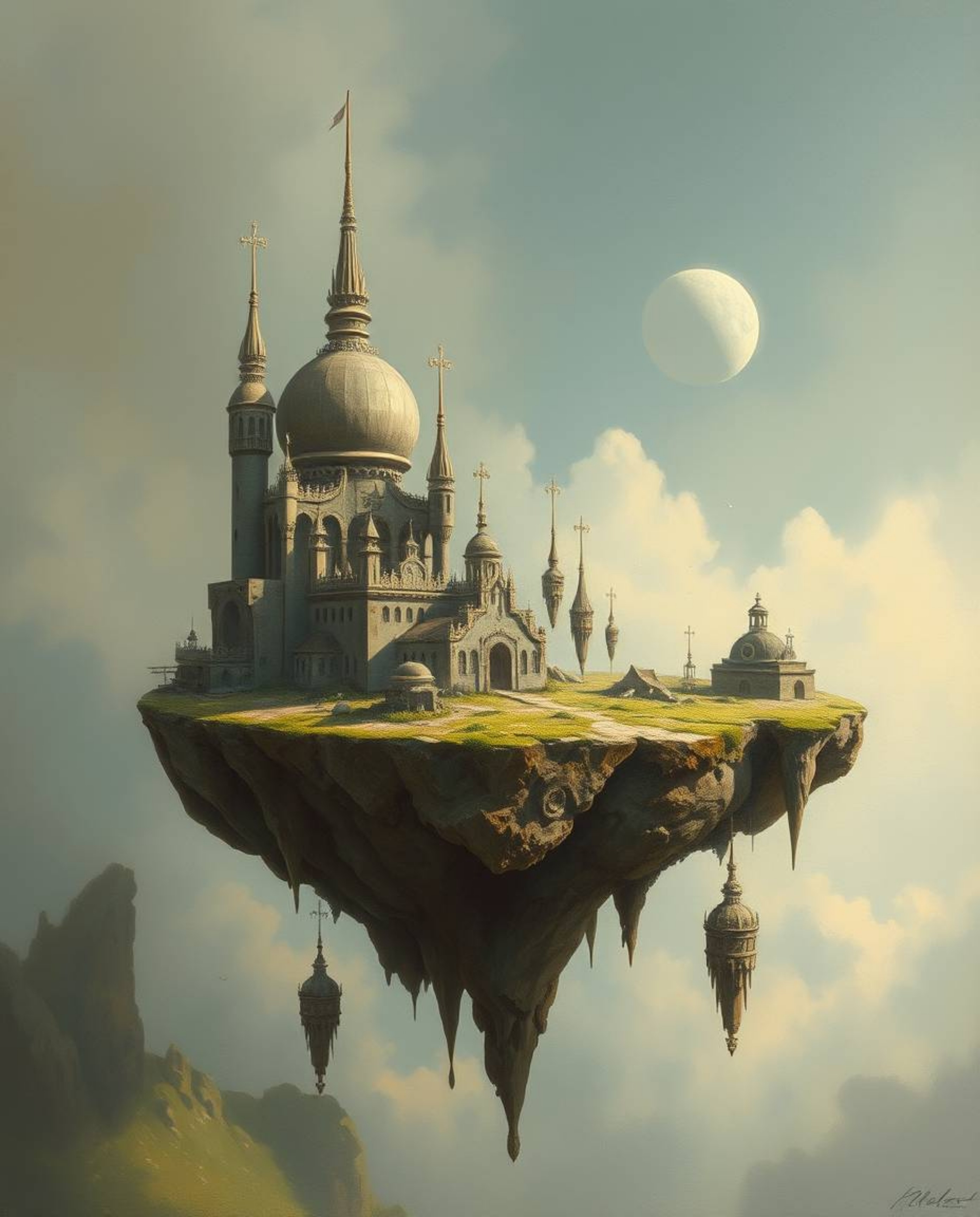 This artwork depicts a surreal floating island featuring peculiar and captivating architecture, all rendered in the timeless 