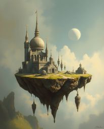 This artwork depicts a surreal floating island featuring peculiar and captivating architecture, all rendered in the timeless 