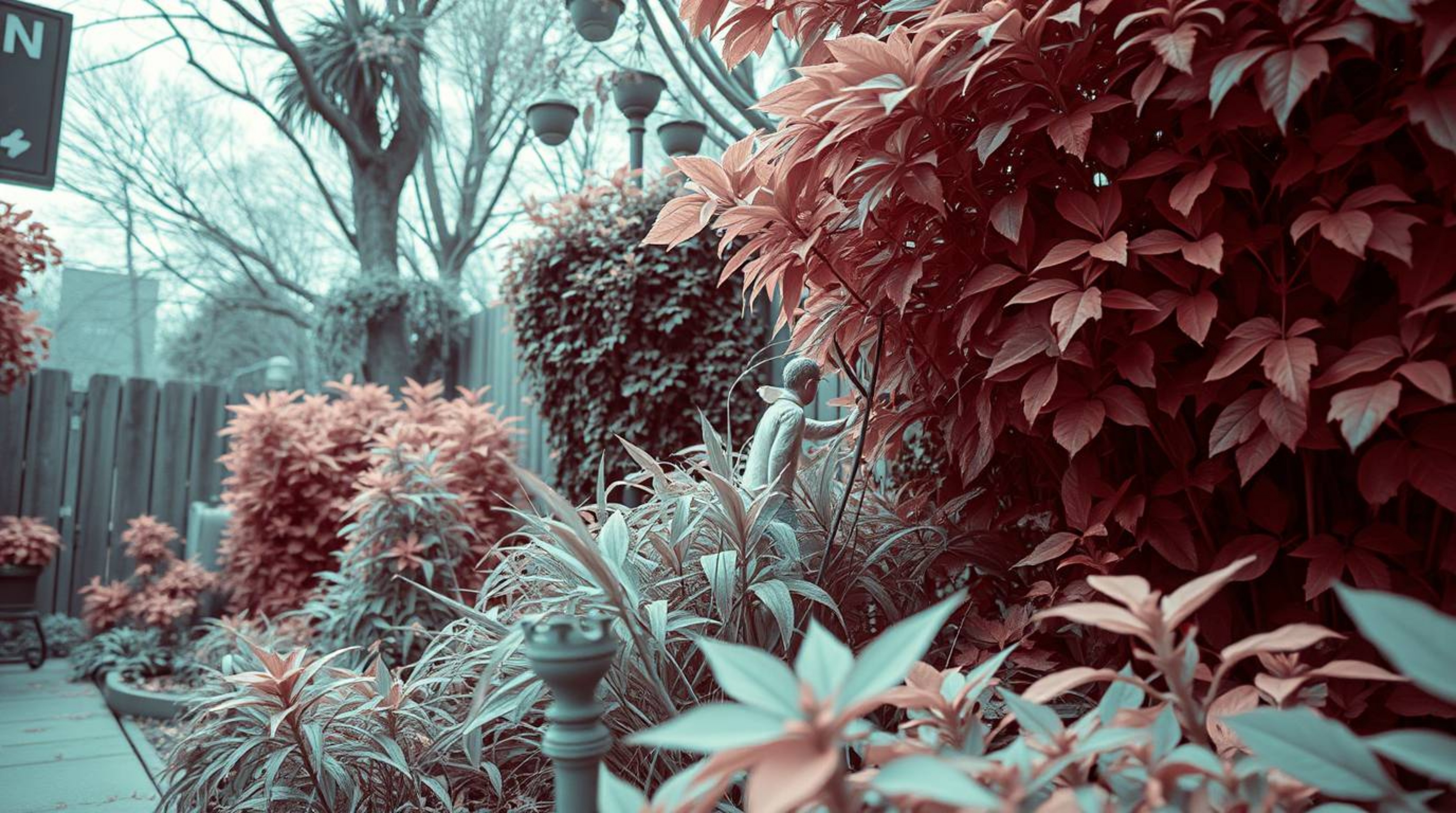 Discover a captivating surreal infrared street photograph featuring a bug-sized hero adventuring through a backyard jungle.  