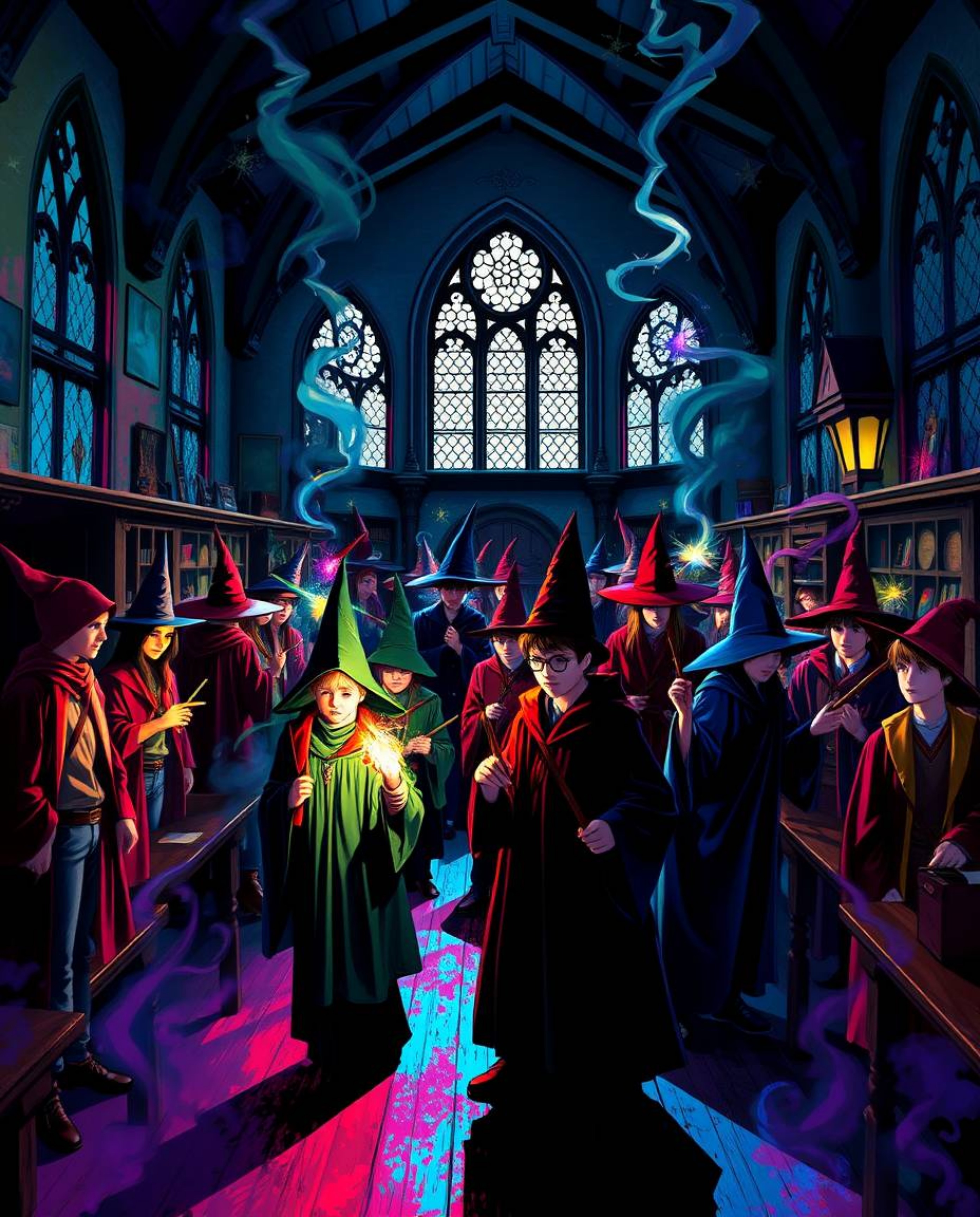 Explore a magical school teeming with young wizards, brought to life with vibrant complementary colors, strong contrasts, and