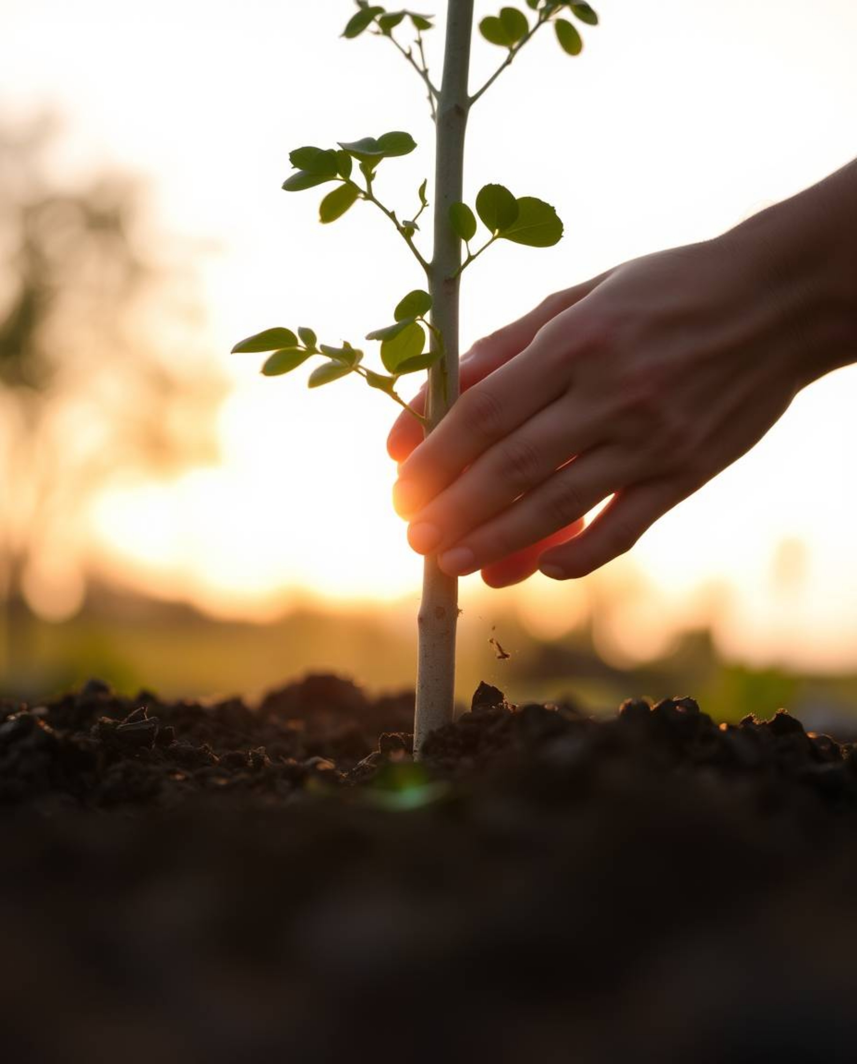 A captivating photograph capturing the serene beauty of planting a tree during the golden hour. The soft bokeh effect and sha