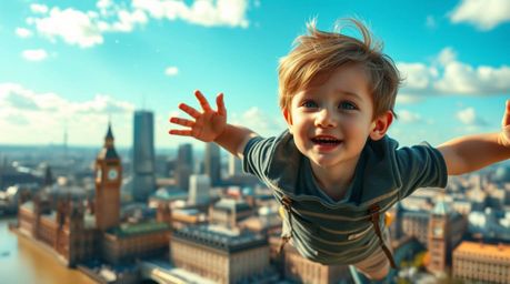 This high-resolution stock photo captures a captivating scene of a young boy with light brown hair and freckles, seemingly fl