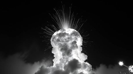 A timeless, elegant black and white photograph captures a dramatic, low-angle view of a TNT explosion in the Wild West.  The 