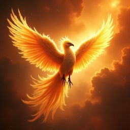A majestic celestial phoenix, adorned with intricately detailed, iridescent golden feathers that shimmer ethereally, soars th
