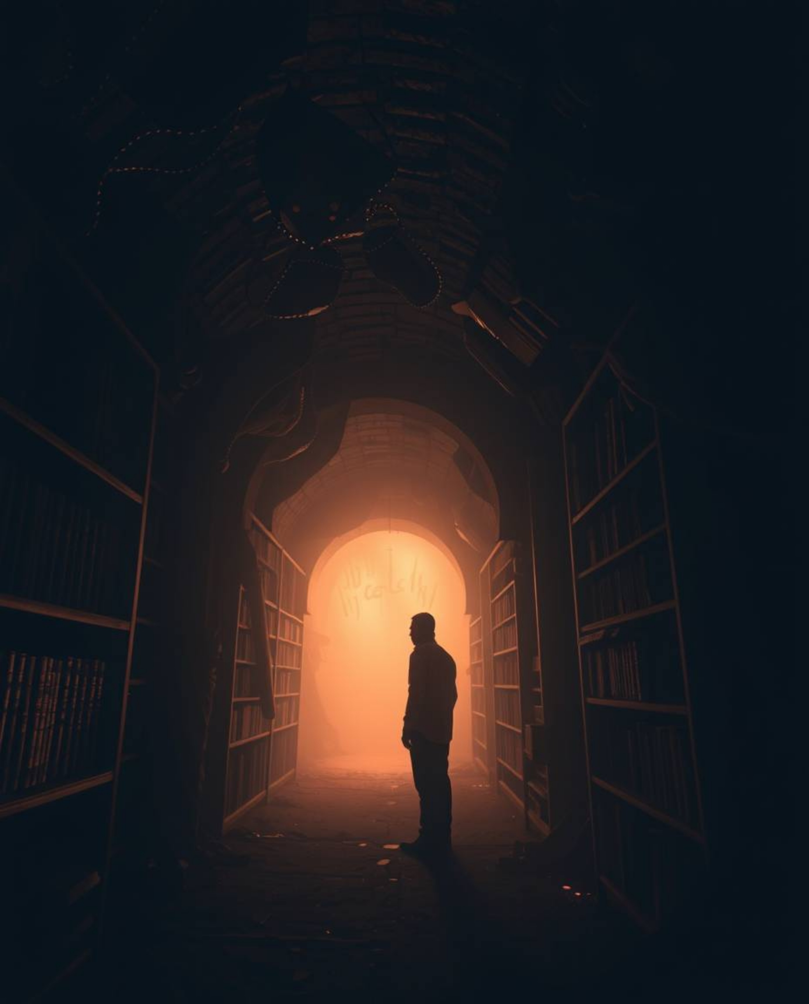 Explore a hidden underground library in this artistic light art piece. Dark tones and unsettling details create an eerie and 