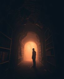 Explore a hidden underground library in this artistic light art piece. Dark tones and unsettling details create an eerie and 