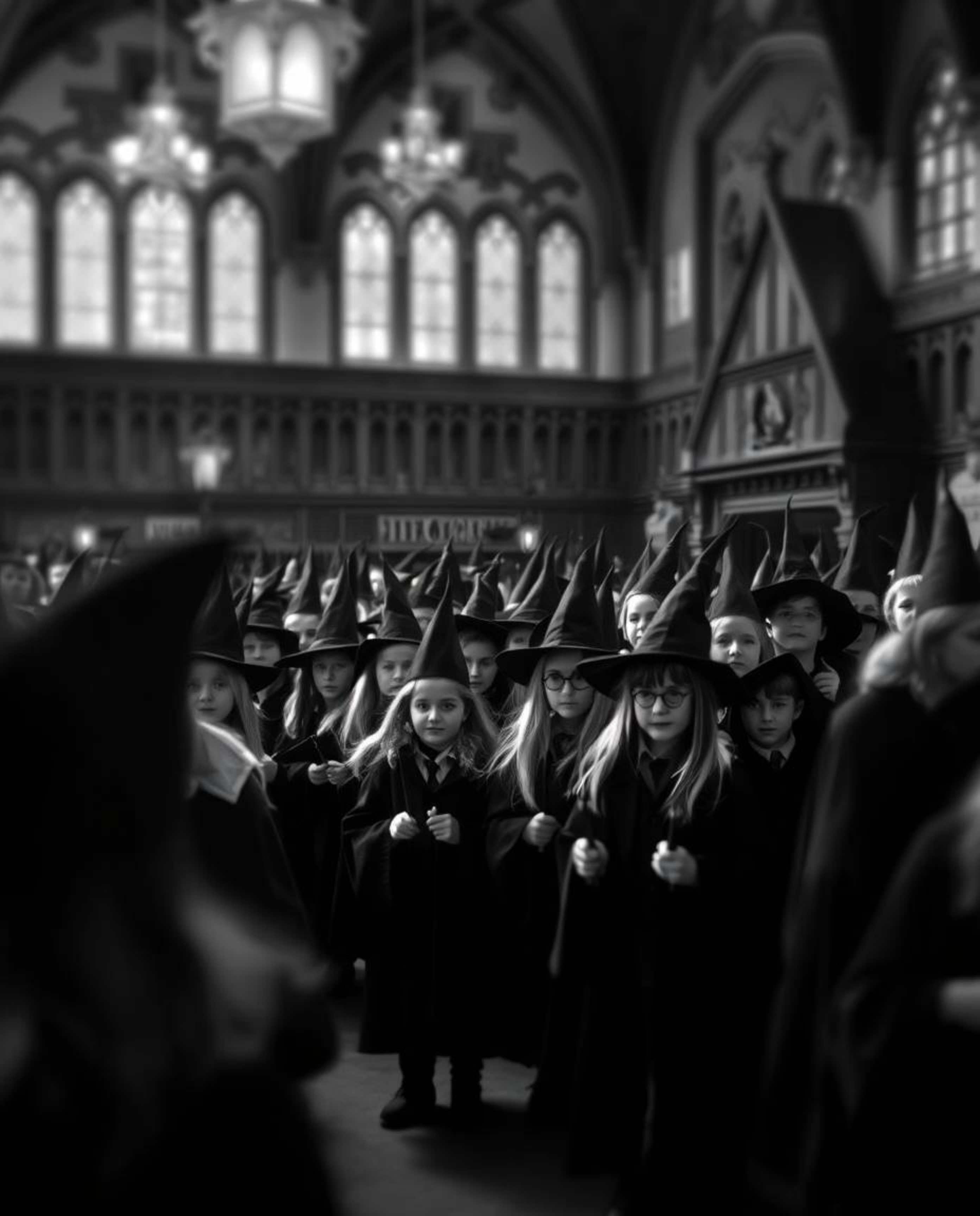 A captivating classic black and white image depicts a magical school brimming with young wizards.  The photo features a blurr