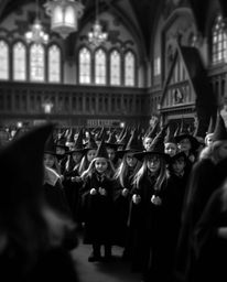 A captivating classic black and white image depicts a magical school brimming with young wizards.  The photo features a blurr