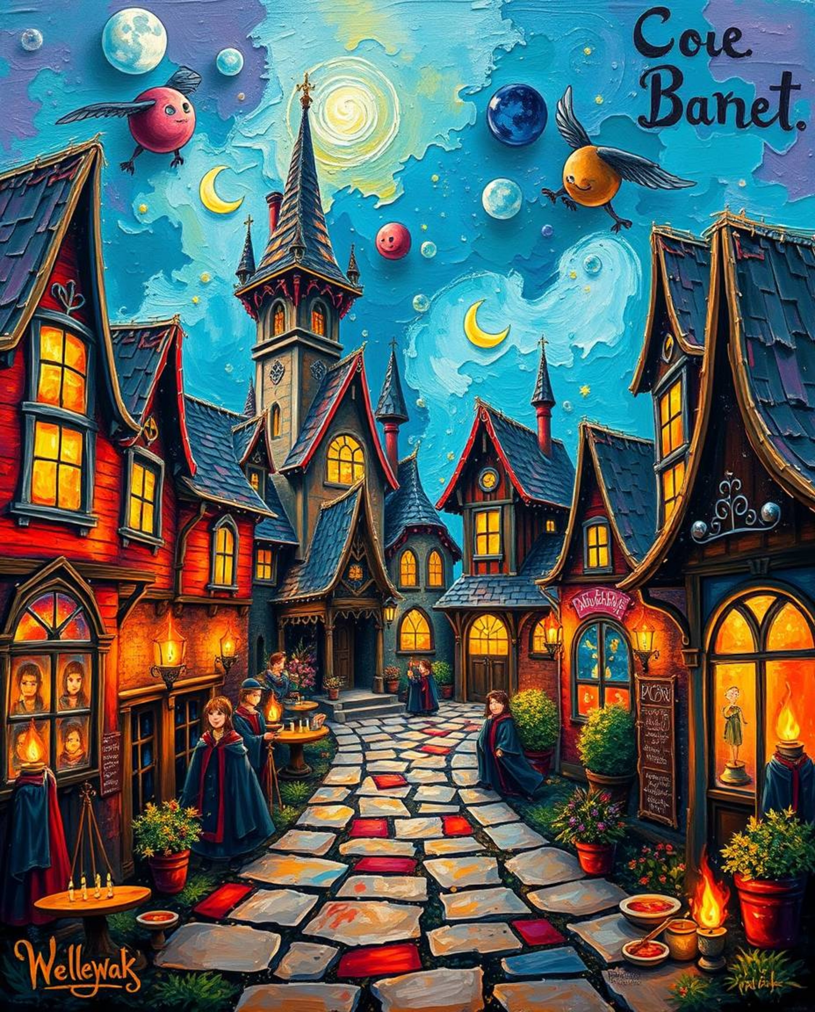 A bold and charming acrylic painting depicting a magical school teeming with young wizards. The artwork features vibrant colo