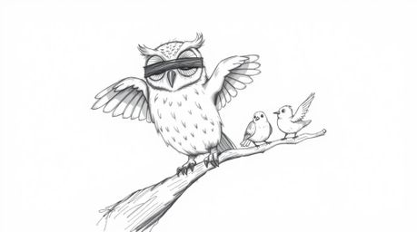 A charming hand-drawn sketch in the style of Pixar depicts a kind, blind owl with exceptionally soft feathers, patiently guid
