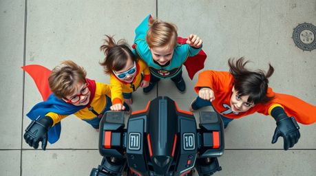 Experience a vibrant and action-packed overhead view of three superpowered children engaged in an epic battle against a formi