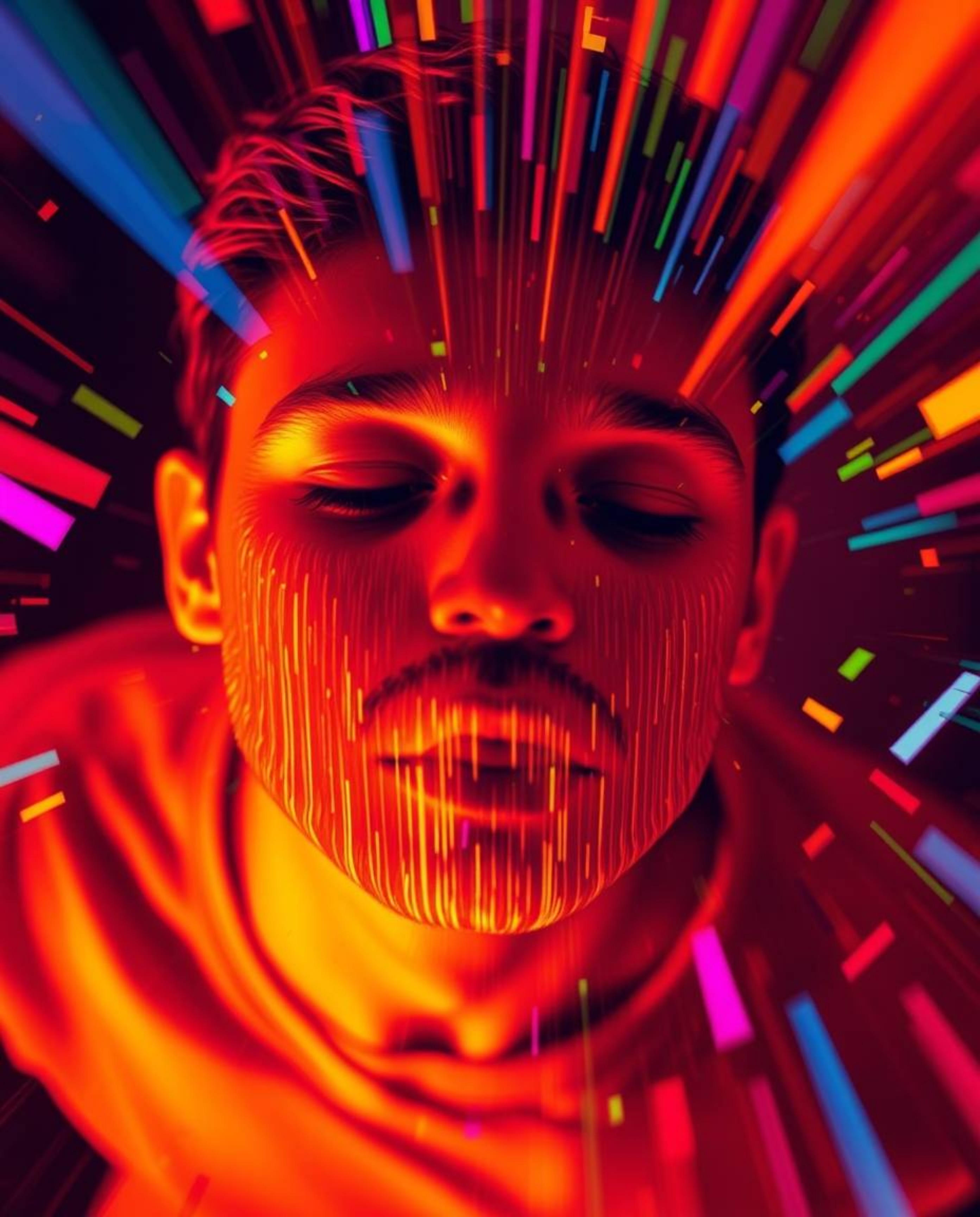 A high-angle shot depicts a captivating digital glitch art piece.  A human face morphs into a vibrant data stream, bursting w