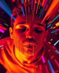 A high-angle shot depicts a captivating digital glitch art piece.  A human face morphs into a vibrant data stream, bursting w