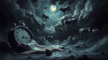Explore a surreal dreamscape where melting clocks and floating cows defy reality, rendered in a moody, high-contrast style wi