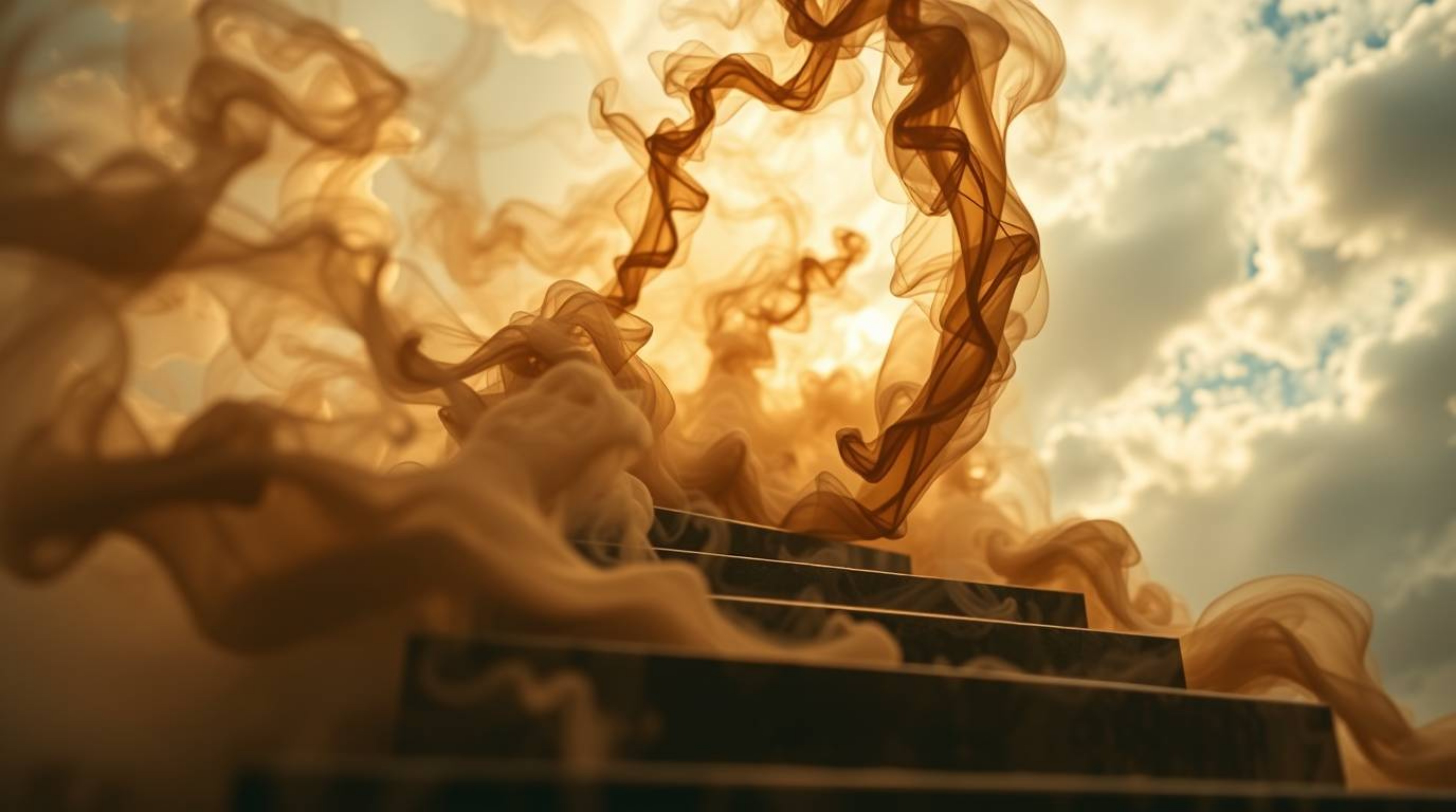 A mesmerizing extreme macro photograph captures a winding stairway crafted from ethereal smoke and light, ascending into a va